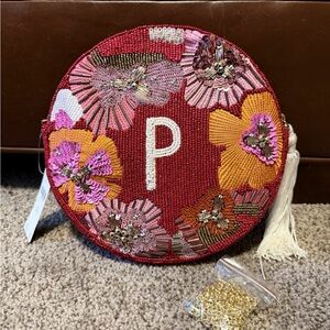 Anthropologie Beaded Floral Round Clutch with Tassel